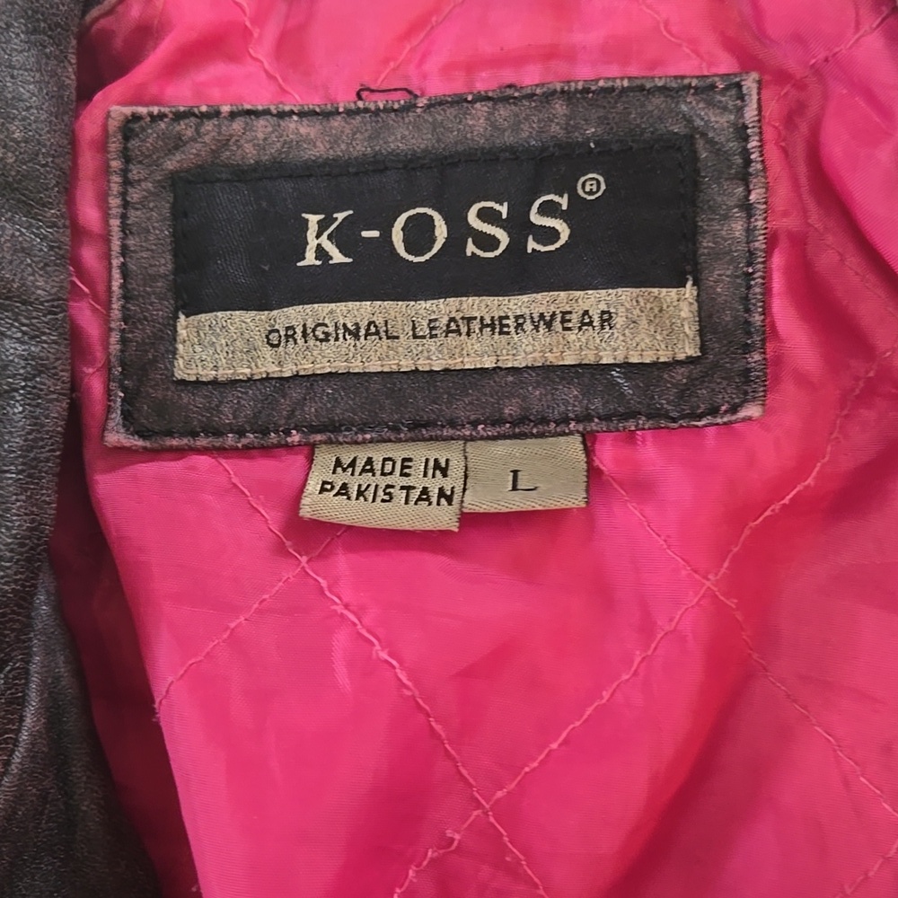 K OSS Womens Rasperry And Brown Distressed Leather Jacket Size Large - Picture 11 of 15